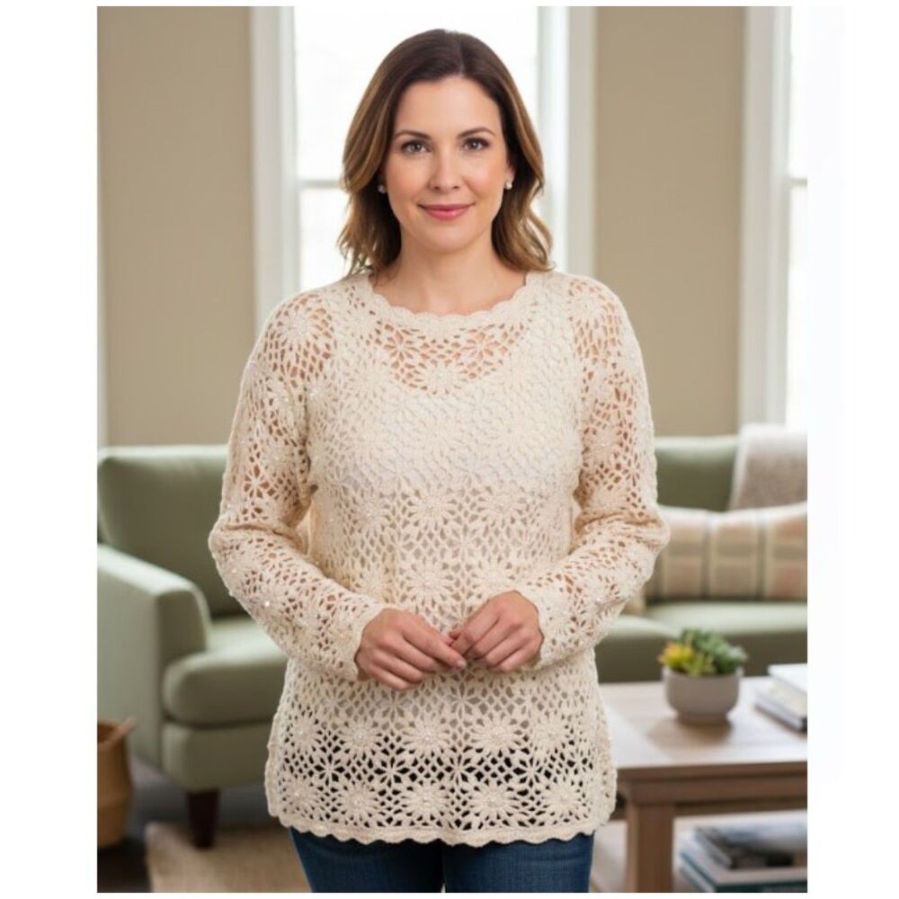 Vintage Knitting Needles Crochet Sweater Faux Pearls Knitted By Hand Size M